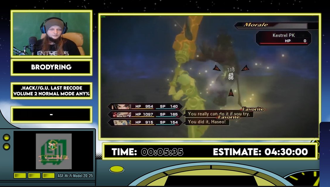 The continuation of the story and the closer for this years ASF is .Hack//G.U. Last Recode by <a href="/BrodyRing/">Brodo T. Baggins</a> is being ran right now! 

#AnimeSpeedruns #dothack #RTA
