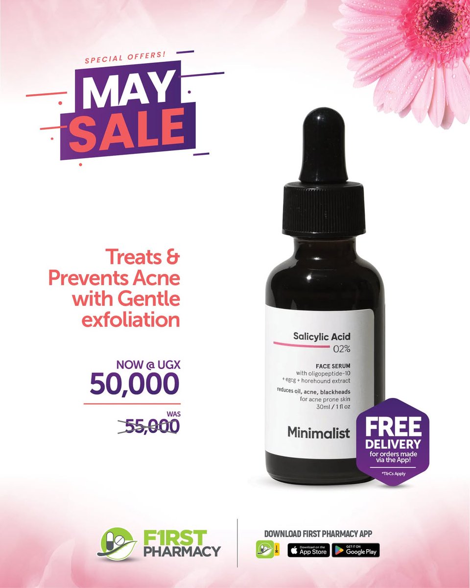 Manifesting smoother, brighter skin? ✨
Treat and prevent acne with the Minimalist Salicylic Acid Serum — now only UGX 50,000!

Order using the First Pharmacy for app FREE* delivery!
Download now: Android: bit.ly/3yprdGa iOS: apple.co/3RpWMGG
*T&amp;Cs apply