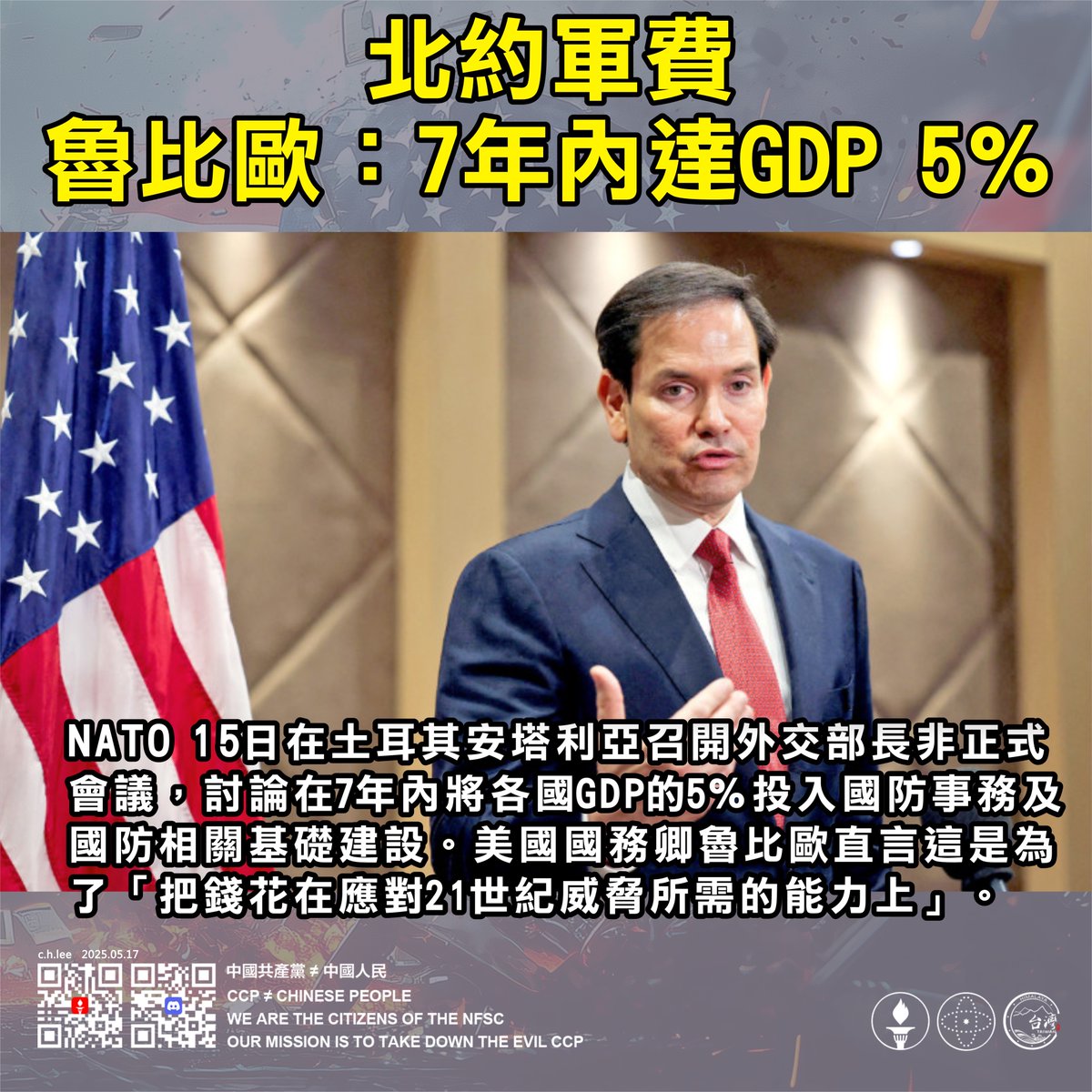 「北約軍費」魯比歐：7年內達GDP 5％！

NATO 15日在土耳其安塔利亞召開外交部長非正式會議，討論在7年內將各國GDP的5％投入國防事務及國防相關基礎建設。美國國務卿魯比歐直言這是為了「把錢花在應對21世紀威脅所需的能力上」。