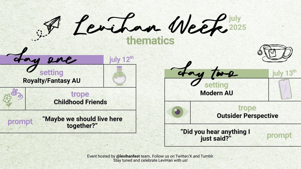 levihanfest's tweet photo. ATTENTION🚨 

We are pleased to officially announce the thematics for #LevihanWeek2025! 

Do you see the themes you voted for? 👀 We hope that everyone is as excited as we are! 💚💜

Please open this thread to see the restricted thematics and event guidelines 🧵 https://t.co/IYkpfwwIei