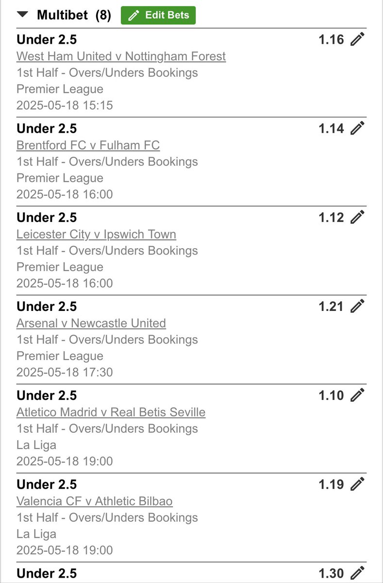 BW1960836
BOOKINGS UNDER 2.5 (1st Half) 🍀
3.66 ODDS ⚡️☔️

#BETWAY