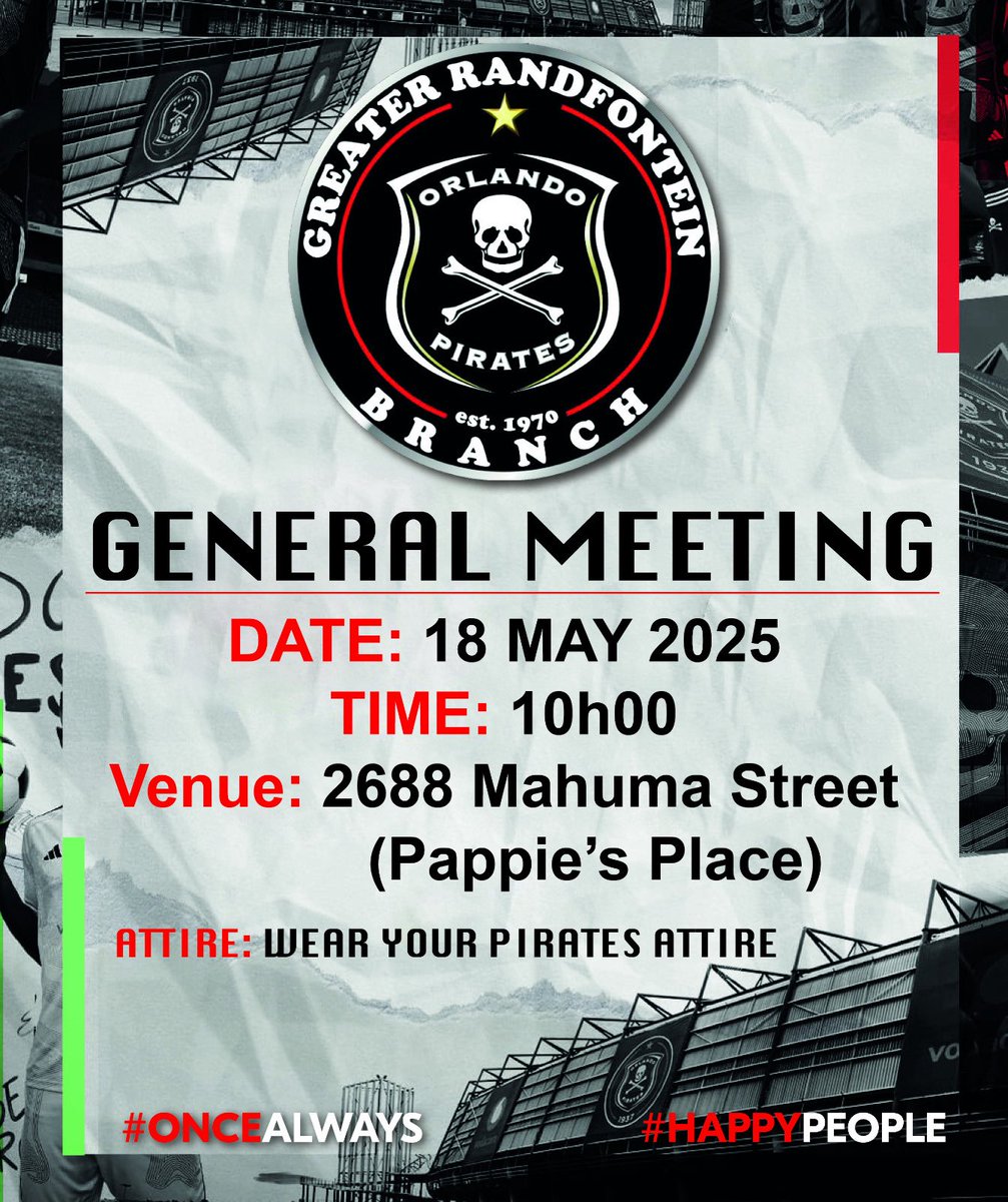Greater Randfontein Orlando Pirates Branch (@gr_opfc_branch) on Twitter photo Good Morning Mighty Buccaneersโฆ
A quick reminder of our Meeting this morning at 10am.
Ka Lerato la <a href="/orlandopirates/">Orlando Pirates</a> โ ๏ธ #OnceAlways ๐ดโโ ๏ธ Good Morning Mighty Buccaneersโฆ
A quick reminder of our Meeting this morning at 10am.
Ka Lerato la <a href="/orlandopirates/">Orlando Pirates</a> โ ๏ธ #OnceAlways ๐ดโโ ๏ธ