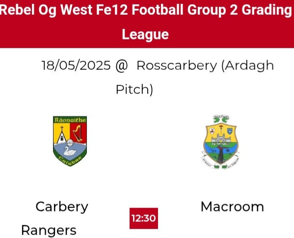 Carbery Rangers GAA (@carberyrangers) on Twitter photo FIXTURE
<a href="/RebelOg_/">Rebel Og</a> West U12 Football League, <a href="/CarberyRangers/">Carbery Rangers GAA</a> V <a href="/MacroomGAA/">Macroom GAA</a> today Sunday May 18th in Ross at 12-30pm.
<a href="/OfficialCorkGAA/">Cork GAA</a> <a href="/carberygaa/">Carbery GAA 💯</a> <a href="/CarberyGames/">Carbery Gaa Coaching & Games</a> FIXTURE
<a href="/RebelOg_/">Rebel Og</a> West U12 Football League, <a href="/CarberyRangers/">Carbery Rangers GAA</a> V <a href="/MacroomGAA/">Macroom GAA</a> today Sunday May 18th in Ross at 12-30pm.
<a href="/OfficialCorkGAA/">Cork GAA</a> <a href="/carberygaa/">Carbery GAA 💯</a> <a href="/CarberyGames/">Carbery Gaa Coaching & Games</a>