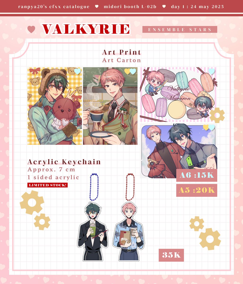 [1/2]
Super late but here's my #CFXX catalogue!

📍 MiDORI Booth L-02b (Day 1 ONLY)
💌 IDOLiSH7 (Re:vale), Valkyrie, OMORI

All purchases are OTS only but I'm open to booking, please DM! See you there! 🫶

#COMIFURO20 #CFXXcatalogue #CF20 #cf20catalogue
