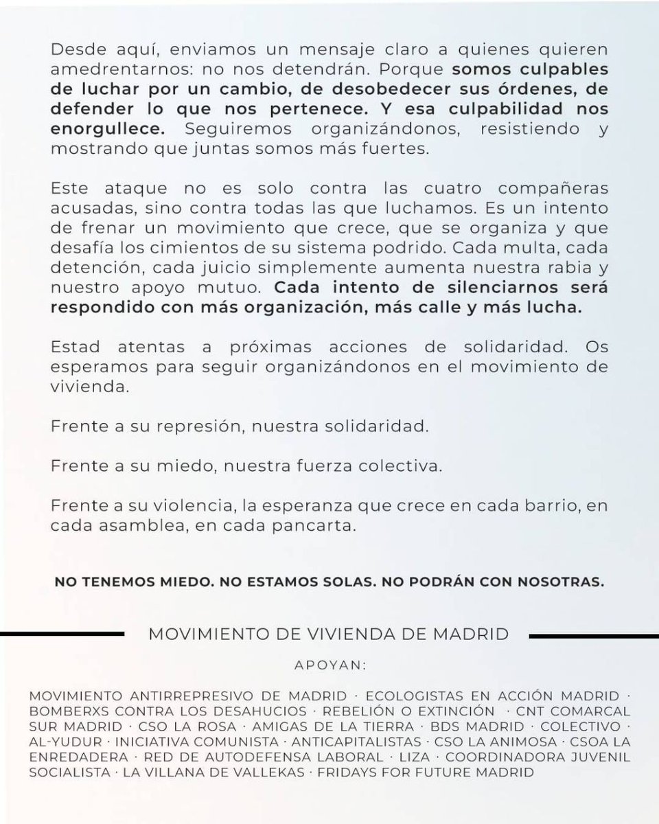 ❌ 4 ENCAUSATS PER DEFENSAR EL DRET A UN HABITATGE DIGNE 

🗣️ L'Estat feixista, amb repressió i terror, busca criminalitzar la lluita pels nostres drets i llibertats.

🔥Tota la nostra solidaritat amb els encausats. Si la seva repressió no s'atura, la nostra solidaritat tampoc.