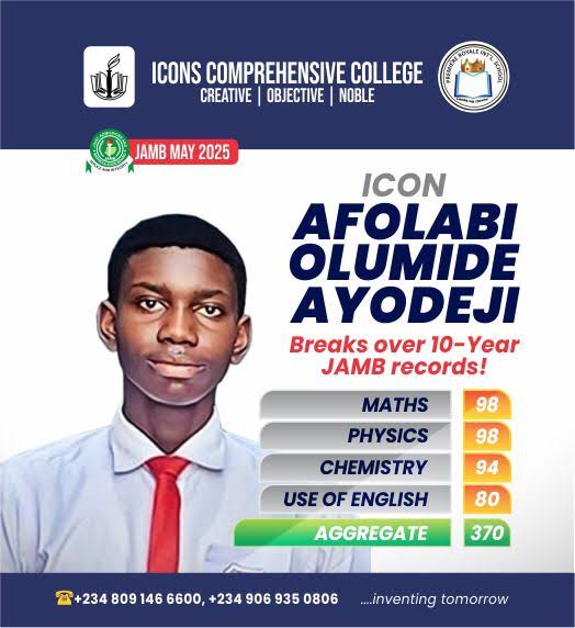 Crownprince_Com's tweet image. Allow me to introduce Afolabi Olumide Ayodeji, a 15-year-old student at Icons Comprehensive College in Ijapo Estate, Akure, Ondo State.
He has achieved a remarkable feat by breaking a long-standing record in the Unified Tertiary Matriculation Examination (UTME) with an…