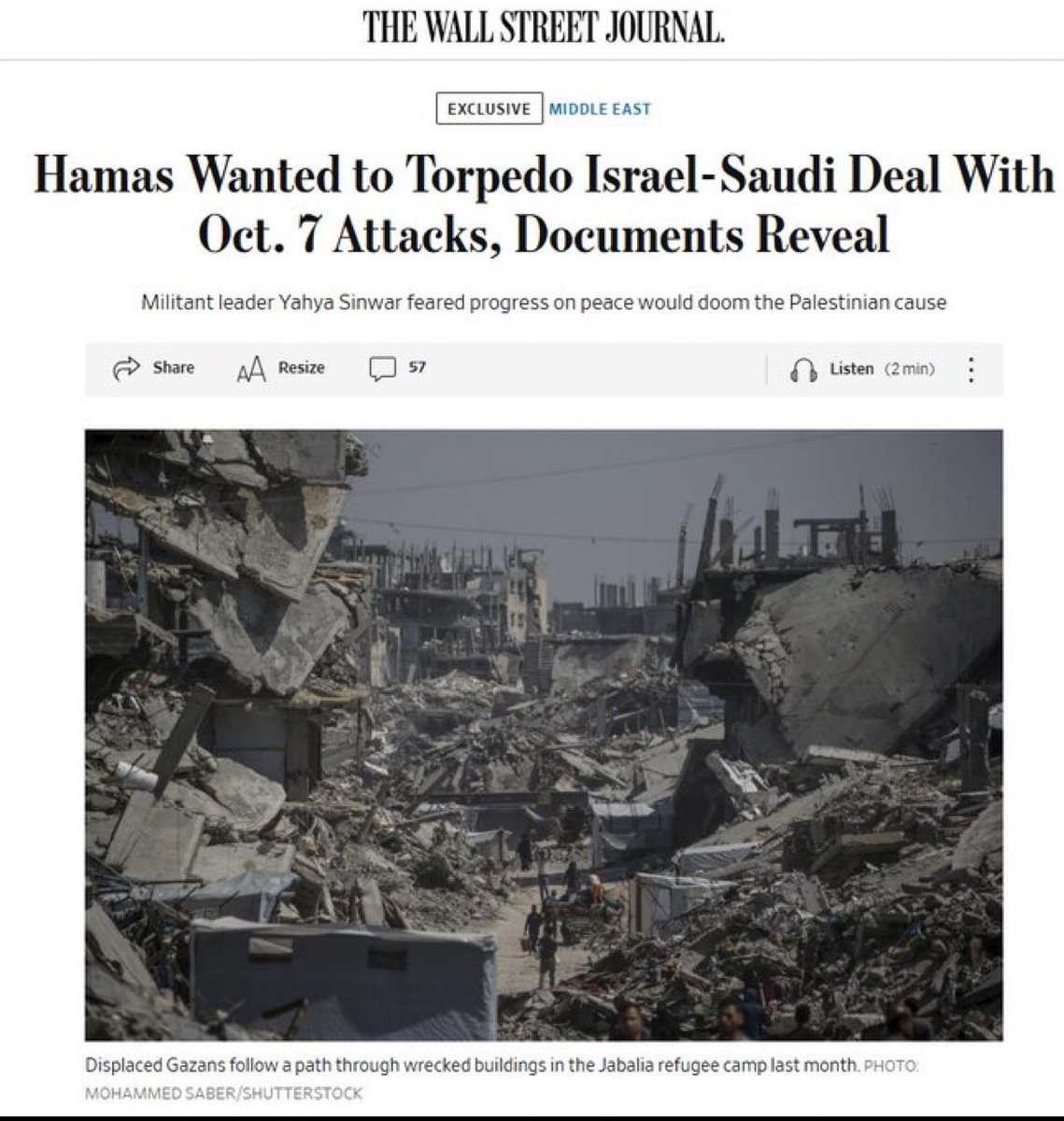 This is not surprising but interesting to see it confirmed:  leaders of Palestinian Islamist group Hamas launched their Oct. 7, 2023, attack on Israel aiming to torpedo peace negotiations between Israel and Saudi Arabia, according to minutes of a high-level meeting in Gaza that
