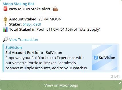 Moonbag (@moonbagsui) on Twitter photo 🌕Introducing Moon Staking Bot!🌕
Our Telegram Bot Tracks All New Stake Events For Any Token On The <a href="/moonbags_io/">moonbags.io</a> Platform!
Completely Free To Use!
Add It To Your Group Here:
t.me/moonbagtokenbot 🌕Introducing Moon Staking Bot!🌕
Our Telegram Bot Tracks All New Stake Events For Any Token On The <a href="/moonbags_io/">moonbags.io</a> Platform!
Completely Free To Use!
Add It To Your Group Here:
t.me/moonbagtokenbot