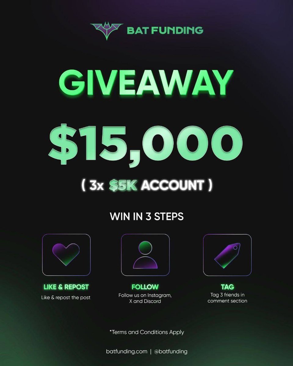 Giveaway 3x $5k 
Rules:
1. Most Follow <a href="/BatFunding/">BAT Funding</a>  <a href="/Mustycrt/">MUSTY_MM2</a>
<a href="/Major__Fx/">Major_Fx</a>  <a href="/MSQUARE_FOREX_A/">MSQUARE FOREX ACADEMY</a> 
Like and repost this post
3. Tag 3 friends in the comments
4. Join discord discord.gg/batfunding
ALL GIVEAWAY RULES MUST BE FOLLOWED TO BE ENTERED.
Winners are announced in 48 hours.