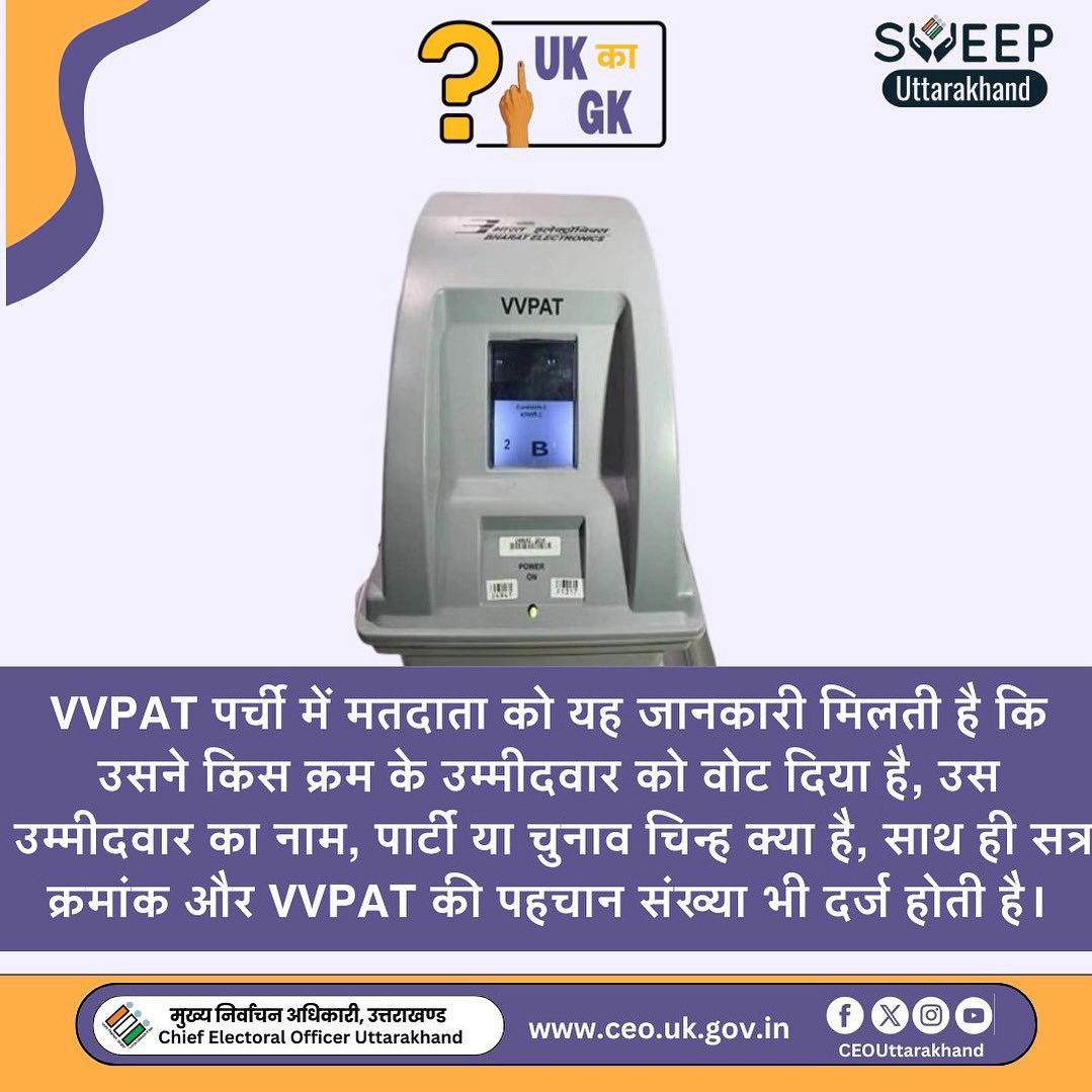 UttarakhandCEO's tweet image. जब आप वोट डालते हैं, तो VVPAT पर्ची पर यह दिखता है कि आपका वोट किस उम्मीदवार को गया है — उसका नाम, पार्टी या चुनाव चिन्ह, क्रम संख्या और VVPAT यूनिट की पहचान संख्या भी उस पर्ची पर दर्ज होती है।

#VVPAT
#Elections
#ECI
#CEOUttarakhand
#UKKaGK