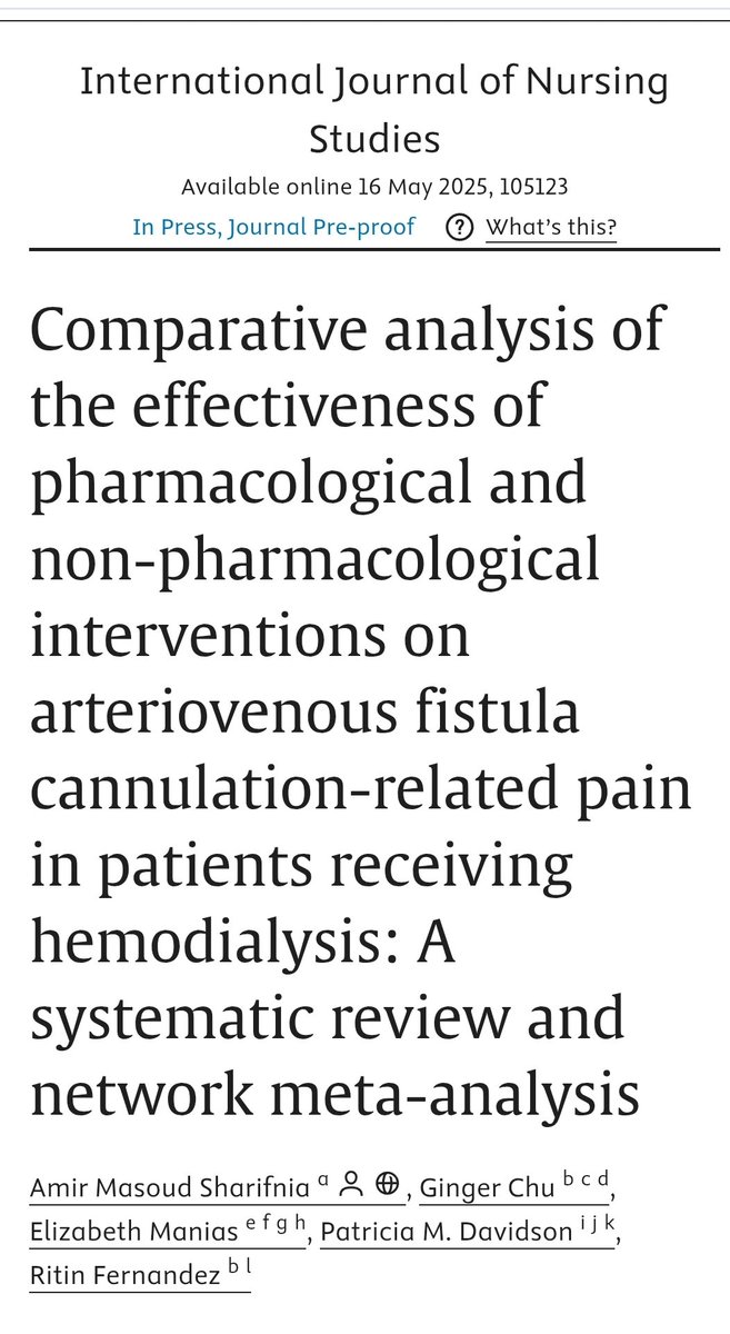 Amir Masoud Sharifnia (@masoudsharifnia) on Twitter photo Our latest systematic review and network meta-analysis provides optimal interventions for managing AVF cannulation-related pain in patients receiving hemodialysis.
<a href="/Profritin/">Prof Prof</a>
<a href="/emanias1/">Elizabeth Manias</a> <a href="/Gingerchu3/">Ginger Chu</a> <a href="/DrPMDavidson/">Patricia Davidson</a>
doi.org/10.1016/j.ijnu… Our latest systematic review and network meta-analysis provides optimal interventions for managing AVF cannulation-related pain in patients receiving hemodialysis.
<a href="/Profritin/">Prof Prof</a>
<a href="/emanias1/">Elizabeth Manias</a> <a href="/Gingerchu3/">Ginger Chu</a> <a href="/DrPMDavidson/">Patricia Davidson</a>
doi.org/10.1016/j.ijnu…
