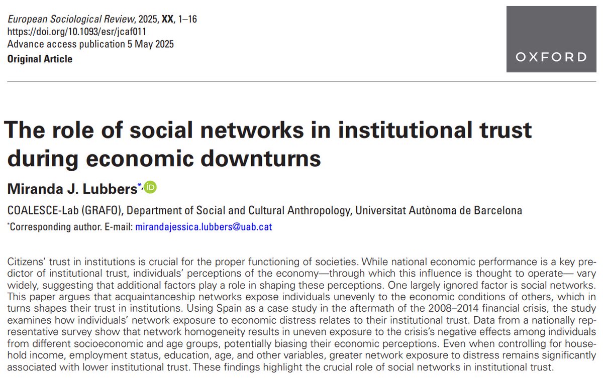 Why do people perceive the national economy so differently -and how does that affect their trust in institutions?

#M_Lubbers shows that our social networks shape what economic realities we see, and with that, our institutional trust! 

Now #OpenAccess at: doi.org/10.1093/esr/jc…