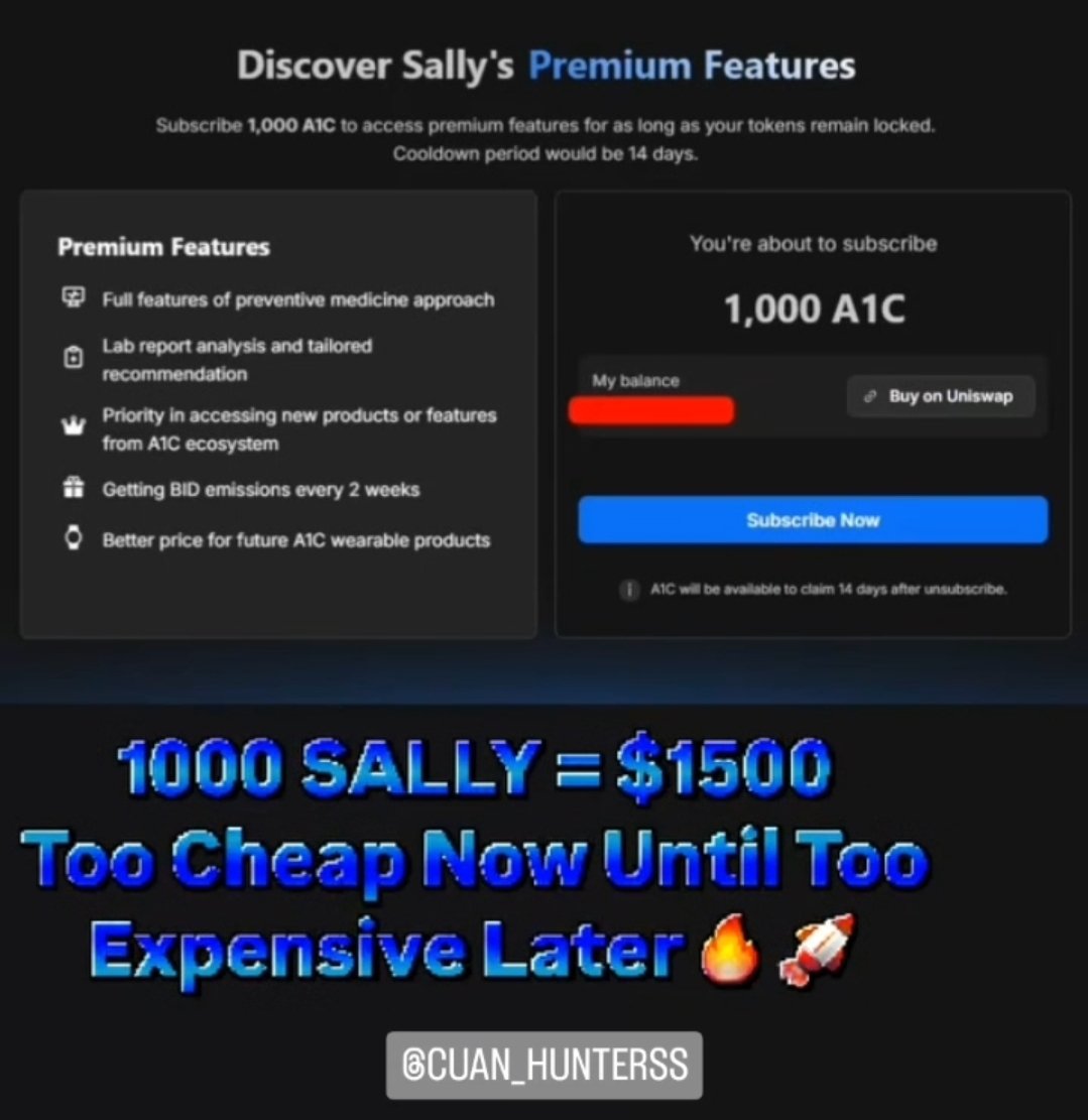 SaiCuan64101's tweet image. Access your #PersonalHealthAssistant with just 1,000 #SallyA1C — fully refundable anytime. But for lifelong health support, who'd ever want to give it up? #Health is priority #1.
#A1C #A1CSally #DeSci #AIHealthAgent #RealWorldProject #Tokenomics #HealthTech #HealthAI