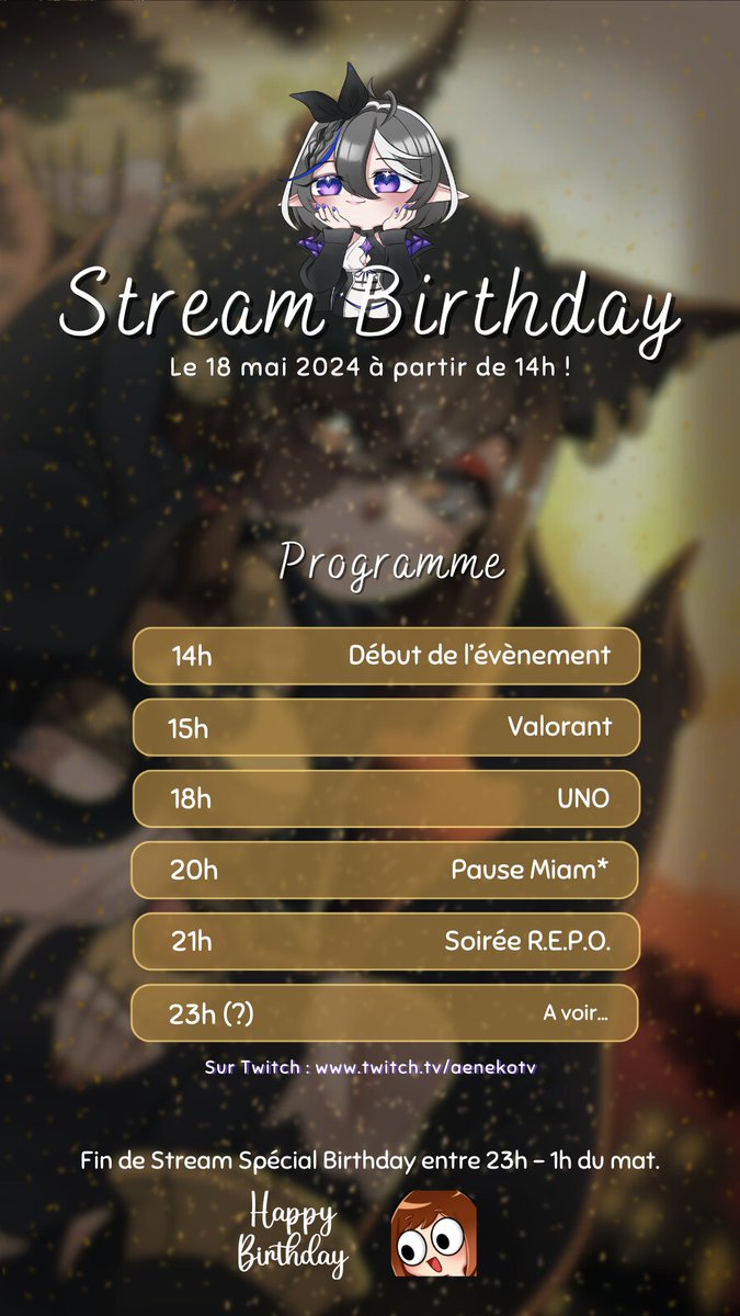 Ding dong~
Apparament, c'est mon jour d'anniversaire aujourd'hui ce qui veut dire qu'un stream s'impose, on m'a dis ca👀

🟣Actuellement en stream sur Twitch twitch.tv/aenekotv 

+ Je pose ca pour plus d'infos 💜
#birthday #vtuber
