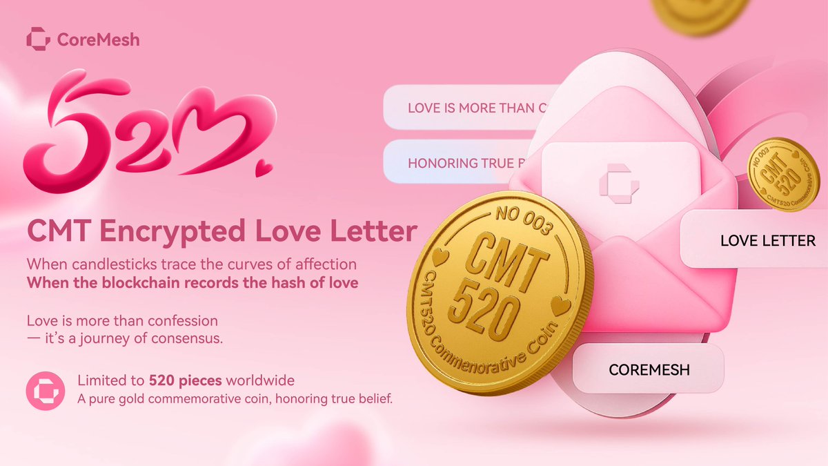 Happy 520! ❤️ Unveiling the CMT Encrypted Love Letter commemorative coin. Limited edition - just 520 pieces worldwide!
Blockchain meets love &amp; belief. Pure gold to honor true belief. A symbol of consensus, yours to earn.
#CoreMesh #CMT #520 #Blockchain #CryptoLove #LimitedEdition