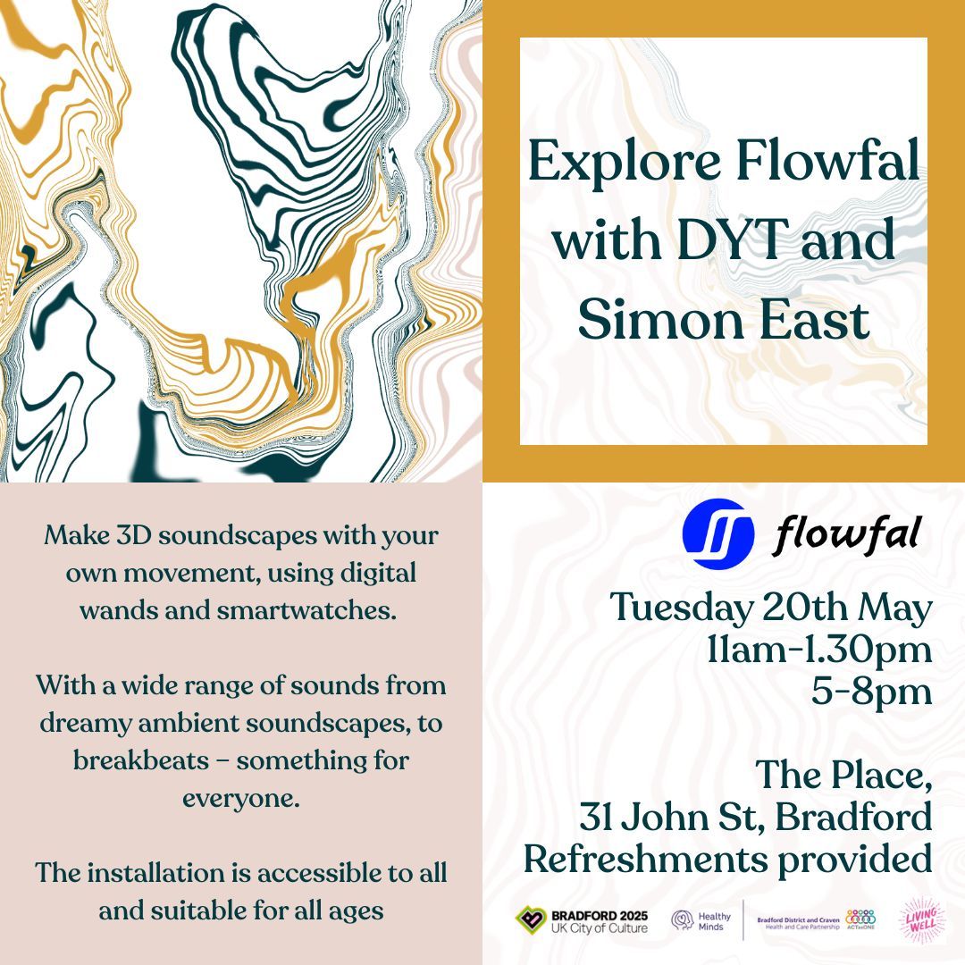 Join us to explore exciting Flowfal technology, making 3D soundscapes with your own movement through digital wands and smartwatches.  2 sessions at The Place on 20th May 11am or 5pm, book your free space here: buff.ly/hl8e4HU.