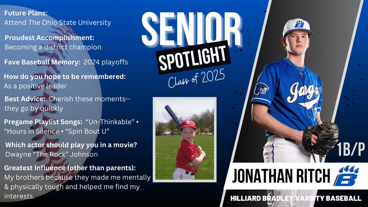 Hilliard Bradley Dugout Club (@bradleydugout) on Twitter photo Senior Shout-Out 2025. This week, we recognize Jonathan Ritch.
We wish you the best of luck in your senior year and for all that awaits you. #Seniors2025
<a href="/HBHSathletics/">Hilliard Bradley Athletics</a> <a href="/HBJagsBaseball/">Hilliard Bradley Jaguar Baseball</a>
<a href="/BradleyHS/">Bradley High School</a> Senior Shout-Out 2025. This week, we recognize Jonathan Ritch.
We wish you the best of luck in your senior year and for all that awaits you. #Seniors2025
<a href="/HBHSathletics/">Hilliard Bradley Athletics</a> <a href="/HBJagsBaseball/">Hilliard Bradley Jaguar Baseball</a>
<a href="/BradleyHS/">Bradley High School</a>