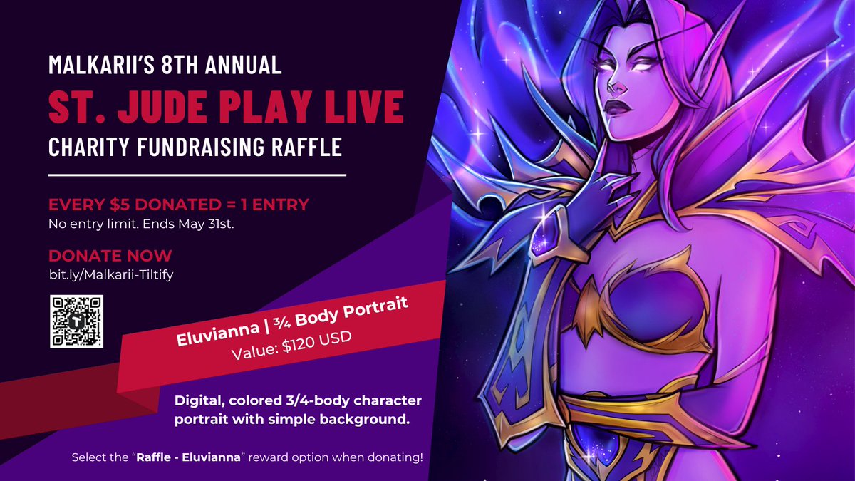 Malkarii_'s tweet image. Every $5 to @StJude is 1 entry to win:

A custom digital art commission from @eluvianna! This includes a colored 3/4-body character with a simple background.

▶️ Select the "Raffle - Eluvianna" reward!

Donate: tilt.fyi/oTVPj0diHh