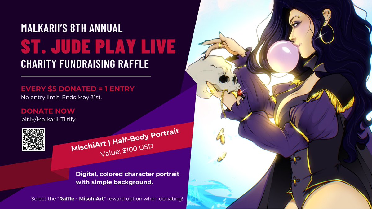 Malkarii_'s tweet image. Every $5 to @StJude is 1 entry to win:

A custom digital art commission from @MischiArt! This includes a colored half-body character with a simple background.

▶️ Select the "Raffle - MischiArt" reward!

Donate: tilt.fyi/oTVPj0diHh