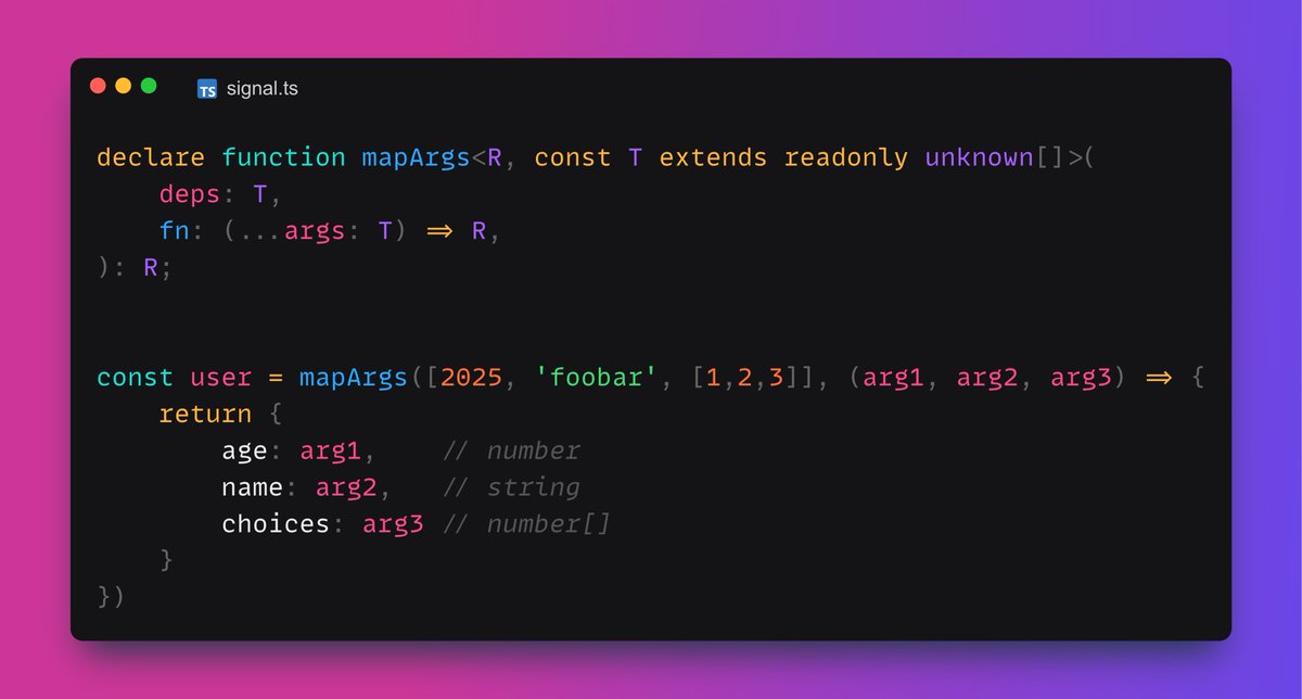 Jean__Meche's tweet photo. TIL that today it is possible to express a generic @typescript function where a parameter with an array of types can be spread into distinc types in a typesafe manner. 

https://t.co/RLjdaxzVte https://t.co/DTTEaCGFD3