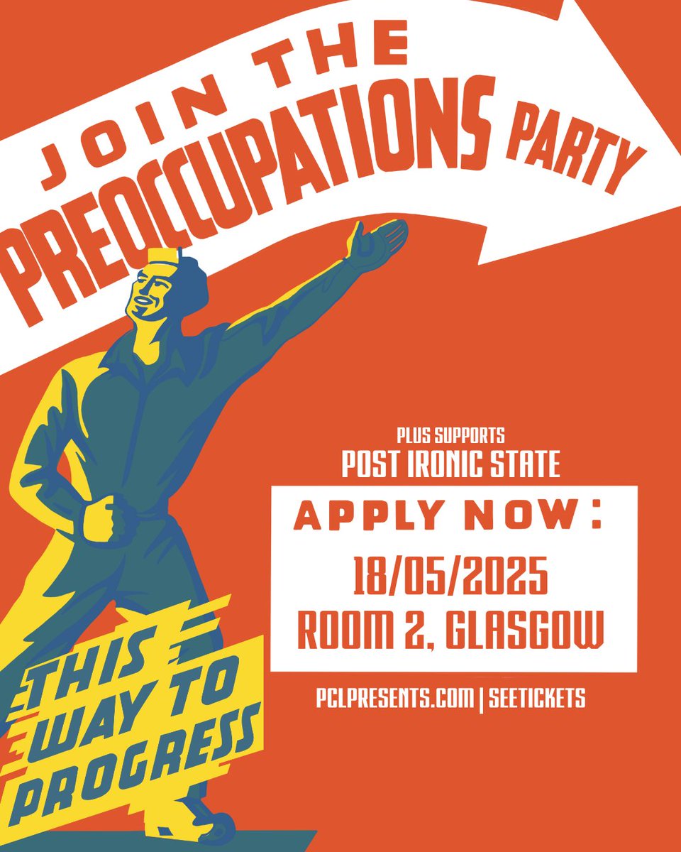 Room 2 Glasgow (@room2glasgow) on Twitter photo TONIGHT! <a href="/PCLPresents/">PCL Presents</a> ...
7pm doors.
8 - 8.30 <a href="/PostIronicState/">Post Ironic State</a>
9 - 10 <a href="/pre_occupations/">Preoccupations</a>
£22 entry on the door (cash only).
14+. Under 18’s must be accompanied by an adult. Original photo ID required - driving licence (full or provisional), passport or <a href="/YoungScot/">Young Scot</a> card). TONIGHT! <a href="/PCLPresents/">PCL Presents</a> ...
7pm doors.
8 - 8.30 <a href="/PostIronicState/">Post Ironic State</a>
9 - 10 <a href="/pre_occupations/">Preoccupations</a>
£22 entry on the door (cash only).
14+. Under 18’s must be accompanied by an adult. Original photo ID required - driving licence (full or provisional), passport or <a href="/YoungScot/">Young Scot</a> card).
