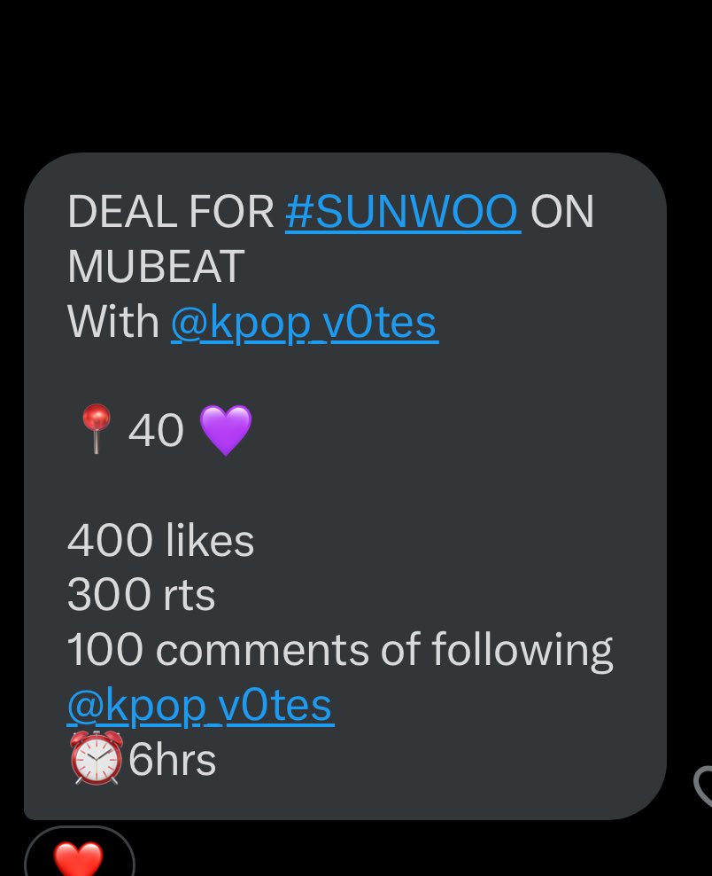 DEAL FOR #SUNWOO ON MUBEAT
With @kpop_v0tes 

📍40 💜

400 likes
300 rts
100 comments of following @kpop_v0tes 
⏰️6hrs