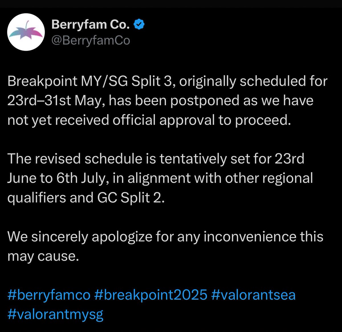 E4EQUIP (@e4equip) on Twitter photo 🚨 BREAKPOINT MY/SG SPLIT 3: Postponed Due to Pending Official Approval.
Tentative dates: June 23 – July 6, Aligned with other Regional Qualifiers and Game Changers Split 2
via: <a href="/BerryfamCo/">Berryfam Co.</a> 🚨 BREAKPOINT MY/SG SPLIT 3: Postponed Due to Pending Official Approval.
Tentative dates: June 23 – July 6, Aligned with other Regional Qualifiers and Game Changers Split 2
via: <a href="/BerryfamCo/">Berryfam Co.</a>