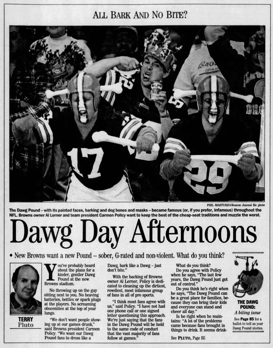 MrCleveland_216's tweet photo. May 18, 1999: A Kinder, Gentler Dawg Pound🏈

New expansion #DawgPound leadership “dedicated to cleaning up the dirtiest, rowdiest, most infamous group of fans in all of sports”

Maybe this is why we’ve sucked so bad for the past 25 years…?

#Sober #GRated #NonViolent
#Cleveland https://t.co/0I9g6bshY3