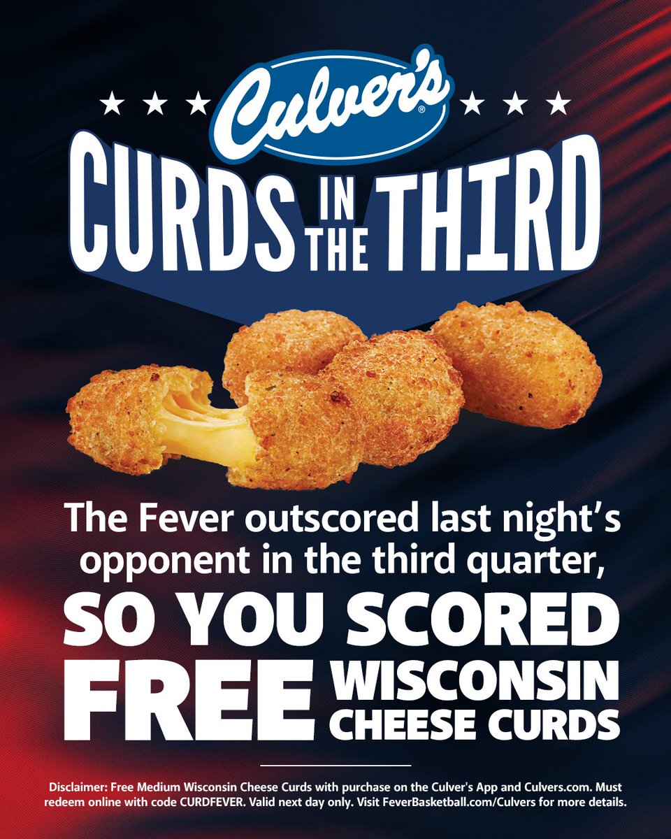 IndianaFever's tweet image. Curds in the Third 🧀

When we outscore our opponent in the third quarter this season,  you score free @culvers cheese curds. Last night, we outscored the Sky 20-13 in the third 😎