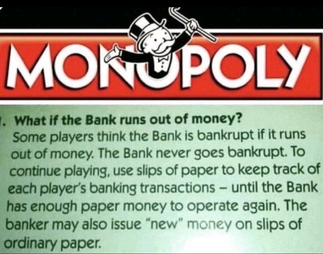 Bazı oyuncular, bankanın parası biterse iflas ettiğini düşünür. Banka asla iflas etmez. Oyuna devam etmek için banka işlemlerini takip etmek amacıyla kağıt parçaları kullanın - bankanın tekrar yeterli kağıt parası olana kadar. Bankacı ayrıca sıradan kağıtlara yeni para basabilir.