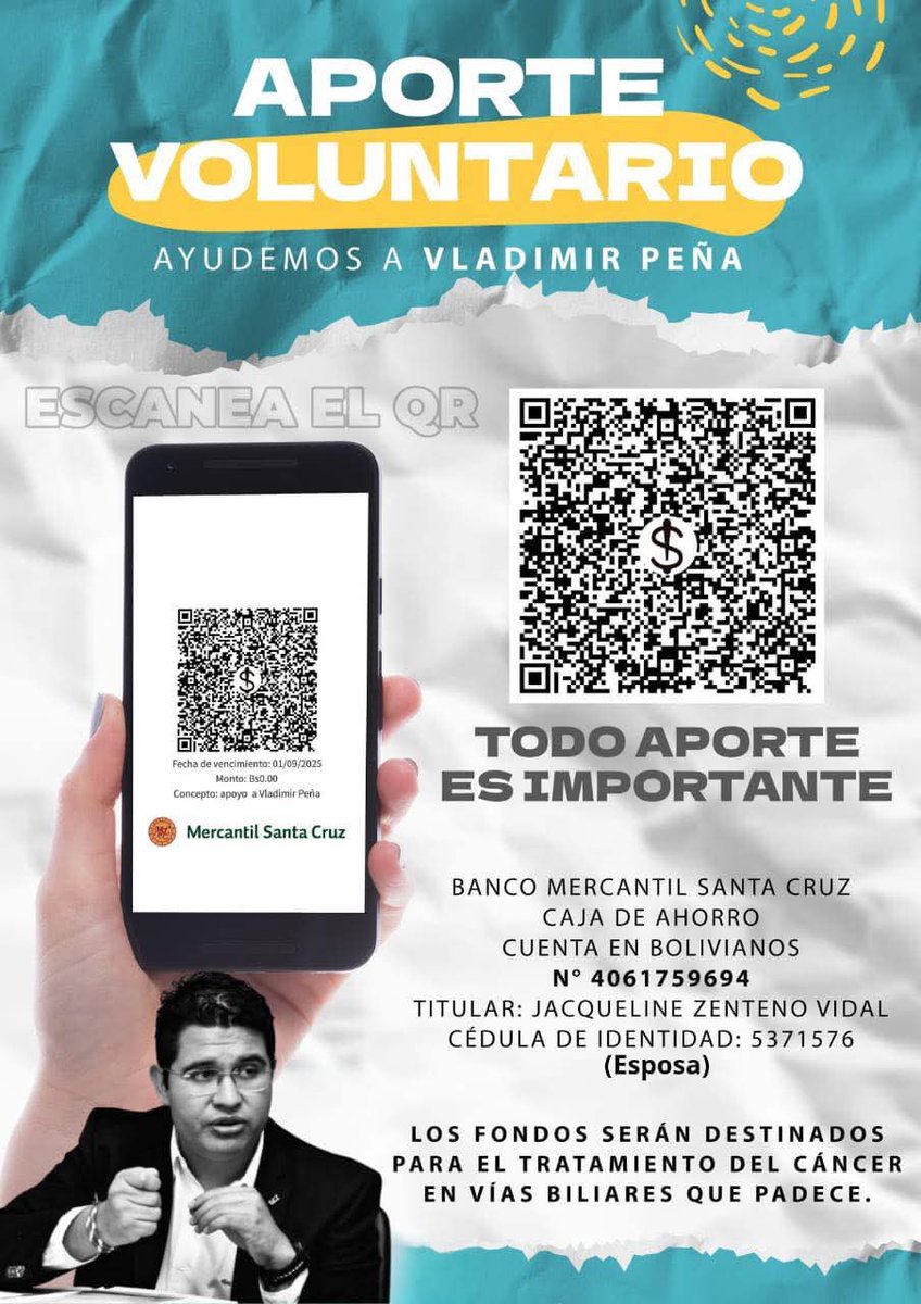 Mauro Cuellar #BoliviaUnida 🇧🇴 (@boliviaunida_bo) on Twitter photo Bolivia 🇧🇴 Unida se adhiere a la ayuda para soportes voluntarios de nuestro panelista <a href="/VladimirPenaV/">Vladimir Peña Virhuez</a> y le desean fortaleza y recuperación pronta 👇🏼 Bolivia 🇧🇴 Unida se adhiere a la ayuda para soportes voluntarios de nuestro panelista <a href="/VladimirPenaV/">Vladimir Peña Virhuez</a> y le desean fortaleza y recuperación pronta 👇🏼
