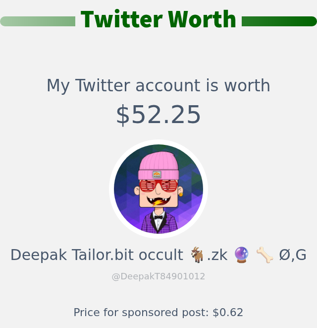 My Twitter worth is: $52.25

➡️ infinityweet.me/account-worth