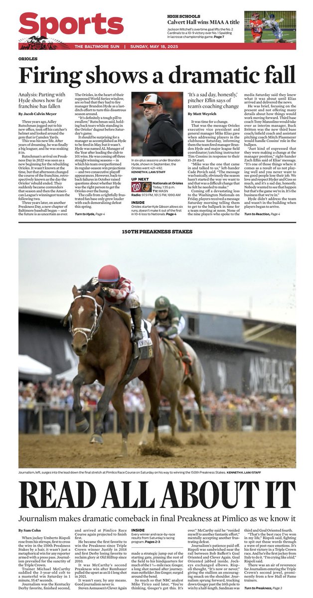 Sam Cohn (@samdcohn) on Twitter photo A win for journalism — both the horse and the <a href="/baltimoresun/">The Baltimore Sun</a>'s coverage of the Orioles firing manager Brandon Hyde. A win for journalism — both the horse and the <a href="/baltimoresun/">The Baltimore Sun</a>'s coverage of the Orioles firing manager Brandon Hyde.
