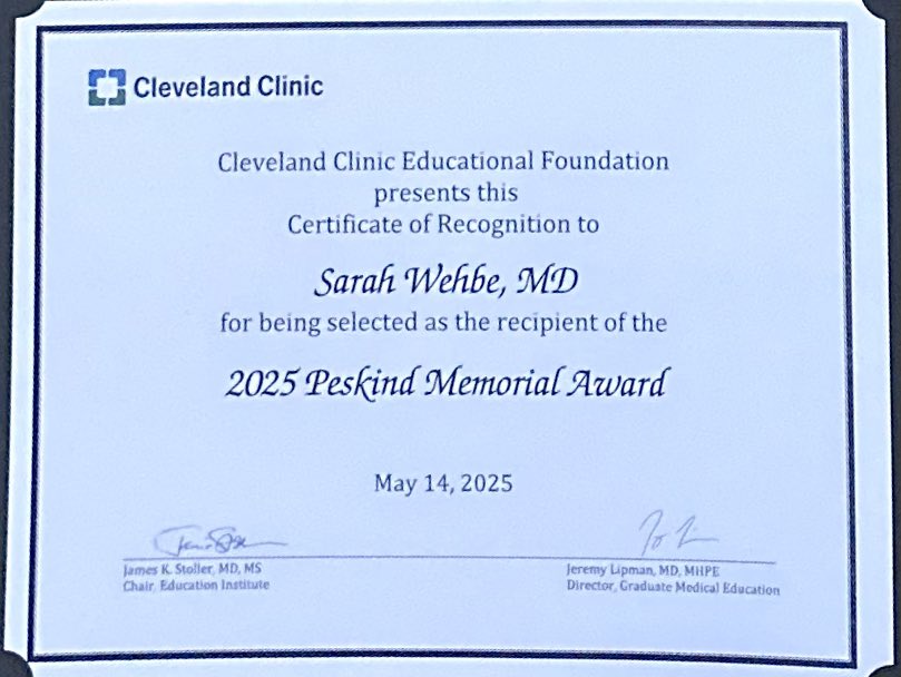 Sarah Wehbé (@wehbesarah) on Twitter photo Honored and humbled to receive the <a href="/ClevelandClinic/">Cleveland Clinic</a> GME Peskind Memorial Award!
Deeply grateful to my mentors and for this incredible chapter of growth <a href="/CCF_GIFellows/">CCF GI Fellowship</a>.
<a href="/CMacaronMD/">Carole Macaron</a> <a href="/MichelleKimMD/">Michelle Kim</a> <a href="/burkegastrodoc/">Carol Burke</a> <a href="/CarolRouphaelMD/">Carol Rouphael</a> <a href="/JohnVargoMD/">John Vargo</a> <a href="/MRegueiroMD/">Miguel Regueiro</a> Honored and humbled to receive the <a href="/ClevelandClinic/">Cleveland Clinic</a> GME Peskind Memorial Award!
Deeply grateful to my mentors and for this incredible chapter of growth <a href="/CCF_GIFellows/">CCF GI Fellowship</a>.
<a href="/CMacaronMD/">Carole Macaron</a> <a href="/MichelleKimMD/">Michelle Kim</a> <a href="/burkegastrodoc/">Carol Burke</a> <a href="/CarolRouphaelMD/">Carol Rouphael</a> <a href="/JohnVargoMD/">John Vargo</a> <a href="/MRegueiroMD/">Miguel Regueiro</a>