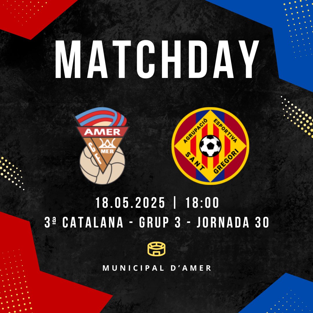 ⚽️ MATCHDAY
🆚 <a href="/ae_stgregori/">AE Sant Gregori</a> 
🏟️ Municipal d'Amer
⏱️ 18:00
🏆 3ª Catalana - Grup 3 - Jornada 30