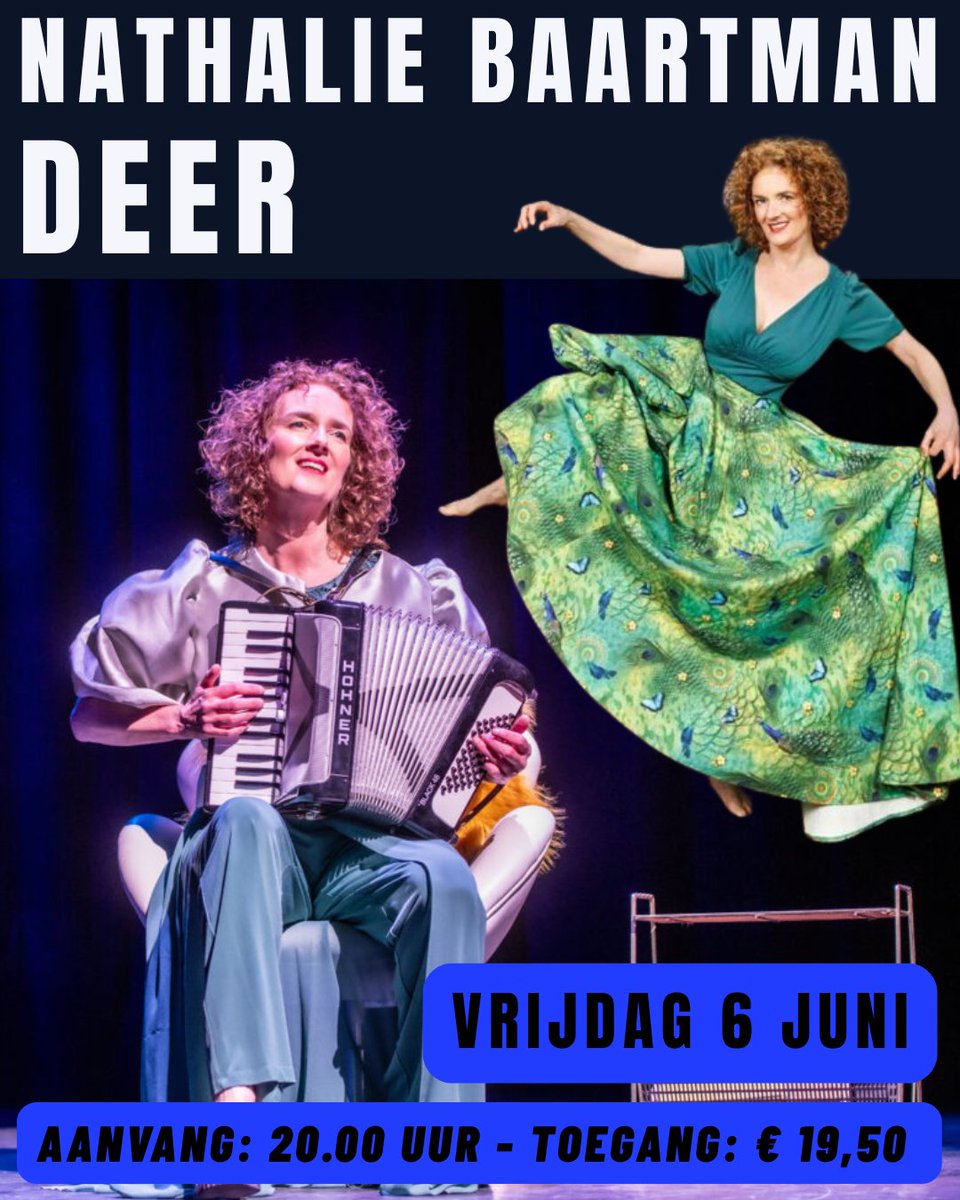 Wat deert Nathalie Baartman? Daar kom je achter  op vrijdag 6 juni tijdens haar voorstelling Deer in het Kulturhus Denekamp.
Er zijn nog kaarten online te koop via kulturhusdenekamp.nl/.../nathalie-b… of aan de infobalie ( Graag contant of met pin afrekenen)
Aanvang: 20.00 u Toegang: € 19,50