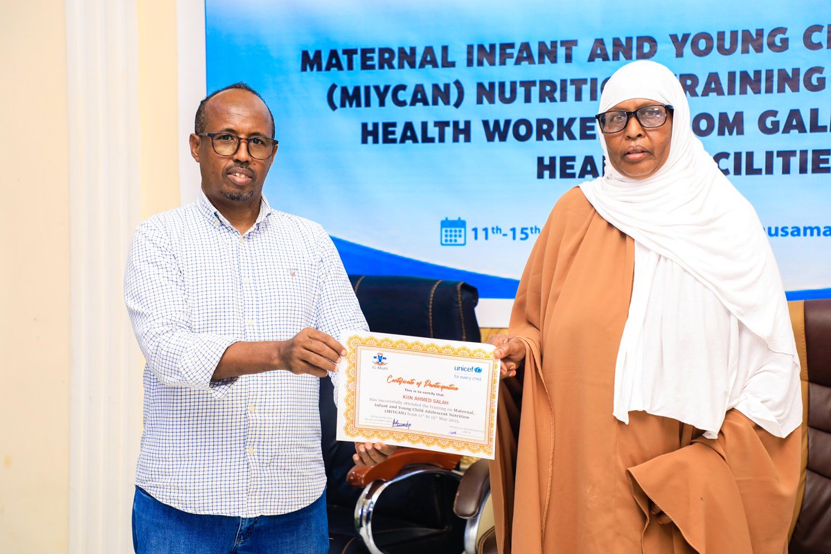 Ministry of Health-Galmudug State (@moh_galmudug) on Twitter photo Galmudug Ministry of Health, in collaboration with <a href="/unicefsomalia/">UNICEF Somalia</a>, completed a five-day training program in Dhusamareb aimed at improving the expertise of healthcare professionals in maternal, infant, and young child nutrition (MIYCAN) for children under 23 months.
#MIYCAN Galmudug Ministry of Health, in collaboration with <a href="/unicefsomalia/">UNICEF Somalia</a>, completed a five-day training program in Dhusamareb aimed at improving the expertise of healthcare professionals in maternal, infant, and young child nutrition (MIYCAN) for children under 23 months.
#MIYCAN