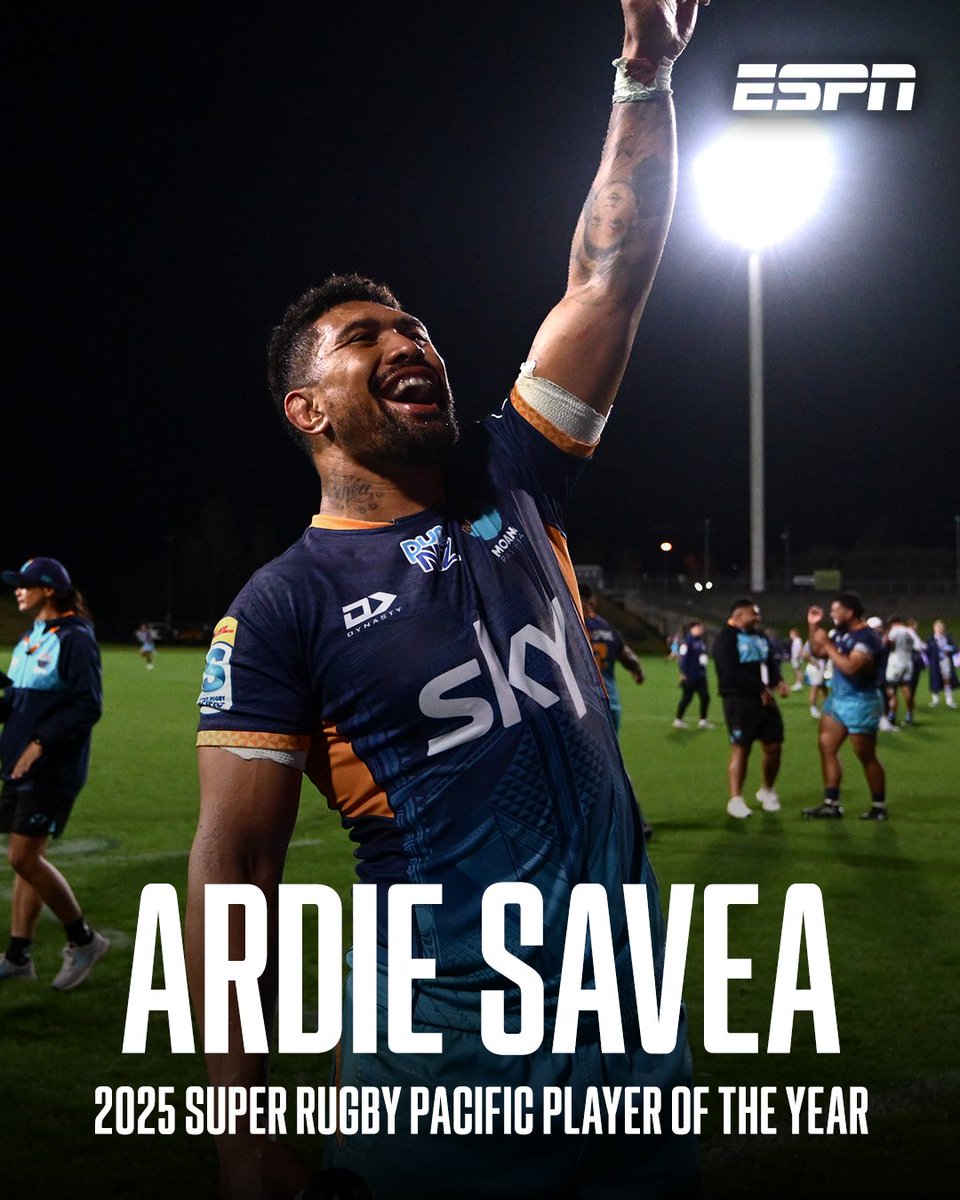 ESPN Scrum (@espnscrum) on Twitter photo Ardie Savea has been named the inaugural winner of the 2025 Super Rugby Pacific Player of the Year award! ๐
๐ฅ
The <a href="/MoanaPasifika_/">Moana Pasifika Rugby</a> captain earns the award after taking a dominant lead in the voting with just two rounds left in the regular season.
A worthy recipient ๐ Ardie Savea has been named the inaugural winner of the 2025 Super Rugby Pacific Player of the Year award! ๐
๐ฅ
The <a href="/MoanaPasifika_/">Moana Pasifika Rugby</a> captain earns the award after taking a dominant lead in the voting with just two rounds left in the regular season.
A worthy recipient ๐