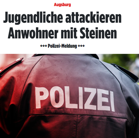 Steinigung in #Augsburg: Drei Jugendliche werfen Steine gegen das Haus eines Mannes. Als der Anwohner das Trio zur Rede stellte, schlug und schubste einer der Steinewerfer den Mann, der daraufhin stürzte und sich verletzte. 
bild.de/regional/bayer…