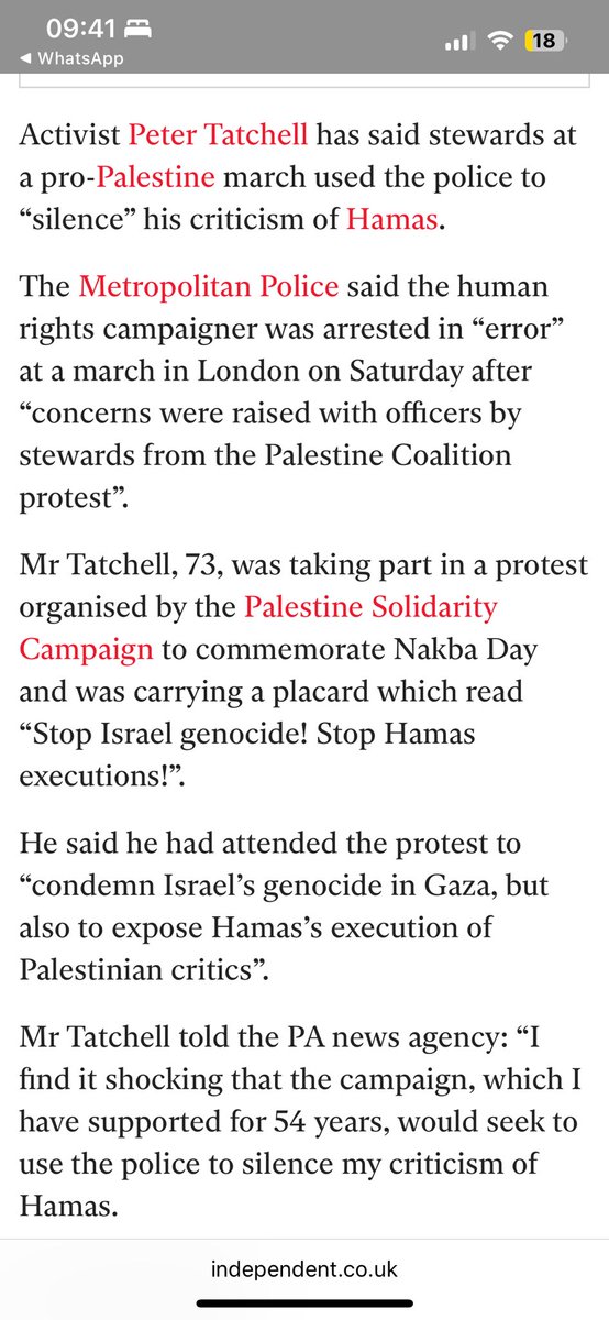 nicolelampert's tweet photo. Lifelong activist @PeterTatchell who is often at the front of the PSC London marches was arrested for daring to criticise Hamas as well as Israel on the demo yesterday. 
His placard, as well as accusing Israel of ‘genocide’ also had ‘stop Hamas executions’. 
This criticism of Hamas - which is executing the leaders of demonstrations against them on the Gaza Strip - was too much for PSC stewards and they asked police to arrest Tatchell. They complied even though *important reminder’ Hamas is a proscribed terrorist group. 
If you needed proof of how these demonstrations are pro terrorist group, it is here. And @metpoliceuk are going along with it.