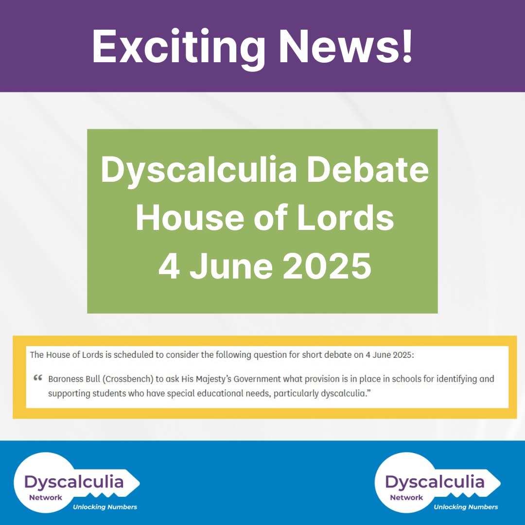 DyscalculiaNet1's tweet image. We are excited to share that Baroness Bull has instigated a debate in the House of Lords about #dyscalculia.
What do you wish would change for our dyscalculia community?
lordslibrary.parliament.uk/dyscalculia-id…