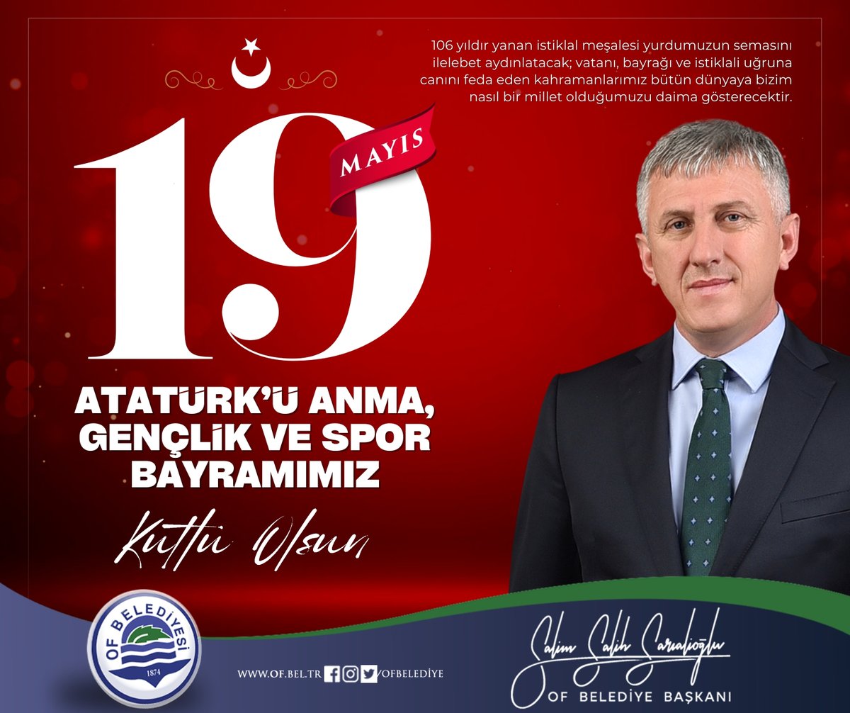 Of Belediyesi (@ofbelediye) on Twitter photo BAŞKAN SARIALİOĞLU'NDAN 19 MAYIS MESAJI
<a href="/OfBelediye/">Of Belediyesi</a> Başkanı <a href="/bbsarialioglu/">Salim Salih Sarıalioğlu 🇹🇷</a>, 19 Mayıs Atatürk'ü Anma, Gençlik ve Spor Bayramı dolayısıyla bir mesaj yayımladı.
Detaylar için 👉🏻 of.bel.tr/i/haber/detay/… BAŞKAN SARIALİOĞLU'NDAN 19 MAYIS MESAJI
<a href="/OfBelediye/">Of Belediyesi</a> Başkanı <a href="/bbsarialioglu/">Salim Salih Sarıalioğlu 🇹🇷</a>, 19 Mayıs Atatürk'ü Anma, Gençlik ve Spor Bayramı dolayısıyla bir mesaj yayımladı.
Detaylar için 👉🏻 of.bel.tr/i/haber/detay/…