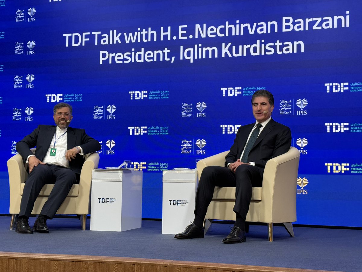 President Nechirvan Barzani at #TehranDialogueForum:

“There must be a serious dialogue between Erbil and Baghdad on the issue of federalism”

“KRI is committed to regional peace and security”

“PKK issue can’t be resolved militarily, we support the peace process”