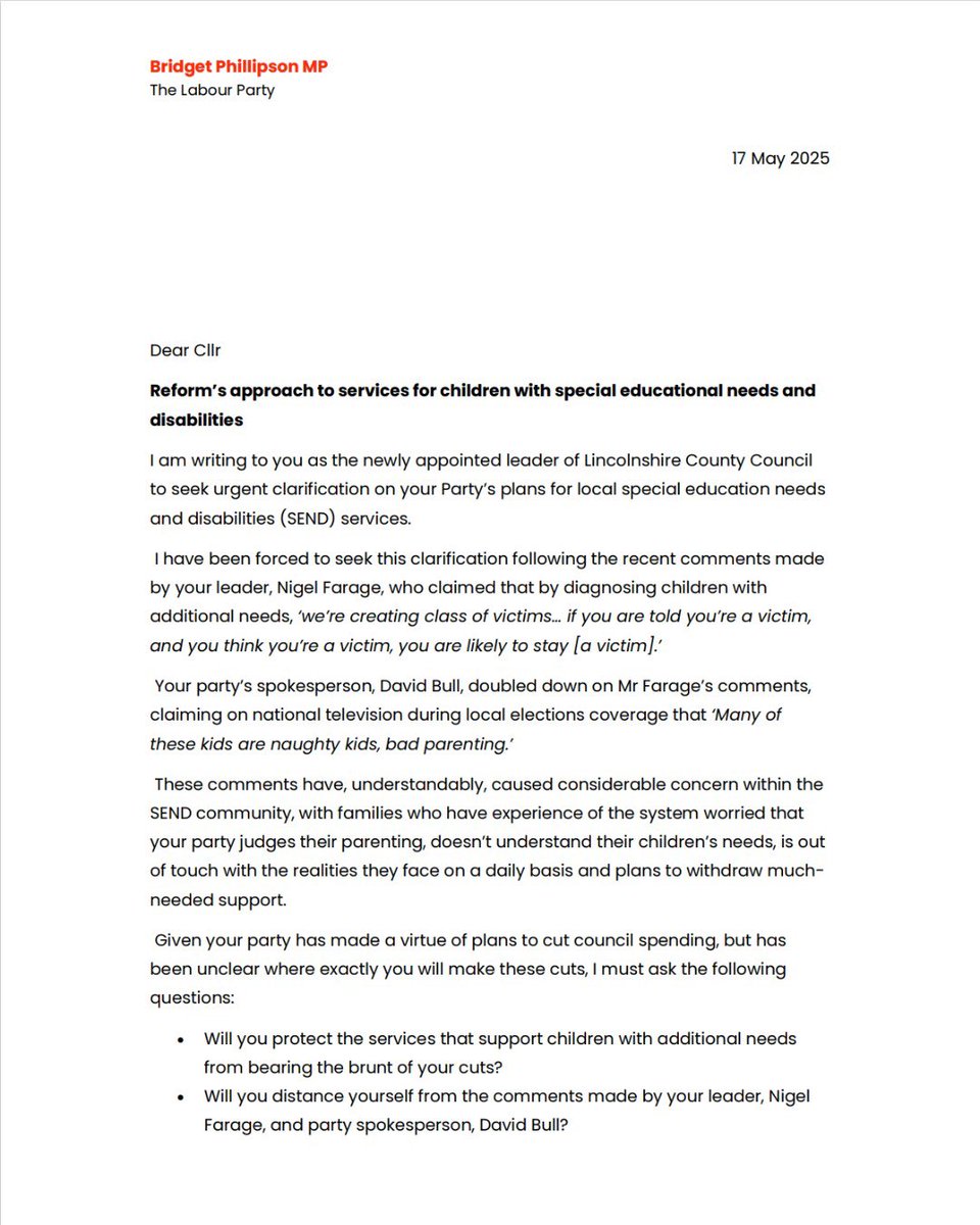 bphillipsonMP's tweet image. Recognising children's needs is not 'creating a class of victims'. It's not down to 'naughty children' or 'bad parenting'.

Reform council leaders must distance themselves from these shameful comments and protect children with SEND from their ideological cuts.

My letter ✍️