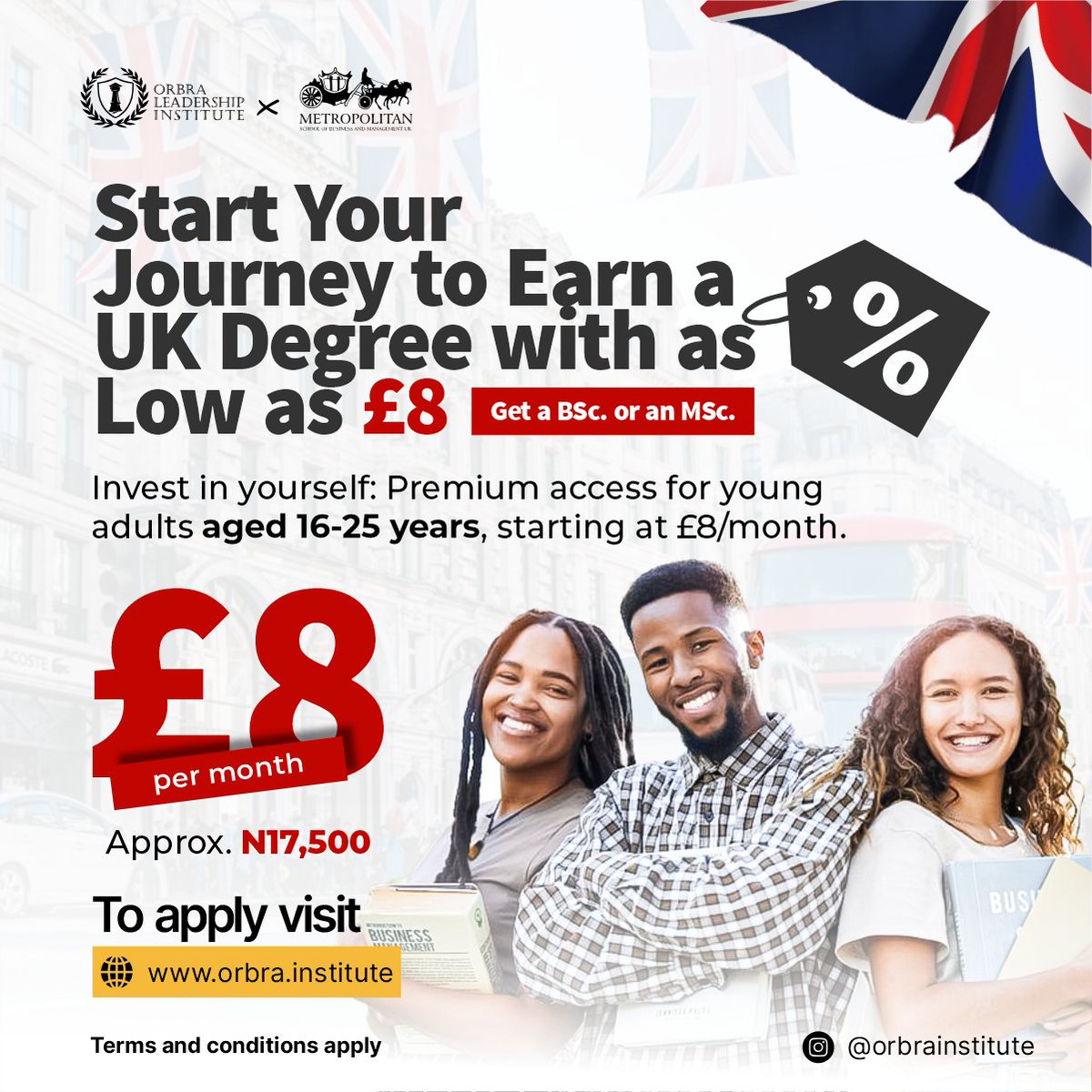orbrainstitute's tweet photo. Transforming education accessibility
Orbra Leadership Institute and Metropolitan are offering young adults (16-25) the opportunity to earn prestigious UK degrees starting at just £8 per month!
#CareerDevelopment #HigherEducation #UKDegrees #ProfessionalGrowth https://t.co/C6UnBUFUgH