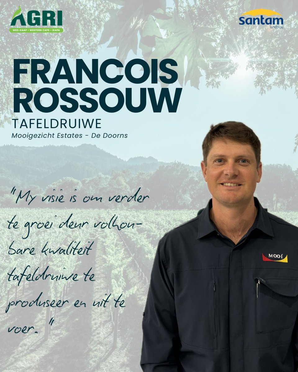 Ontmoet vir 𝗙𝗥𝗔𝗡𝗖𝗢𝗜𝗦 𝗥𝗢𝗦𝗦𝗢𝗨𝗪 (30), met 6,5 jaar ondervinding in die Hexriviervallei, waar hy tafeldruiwe op 310 hektaar produseer. 🍇🚜🍇

#AgriWesKaap #AgriWesternCape #Jongboervandiejaar2025 #FrancoisRossouw