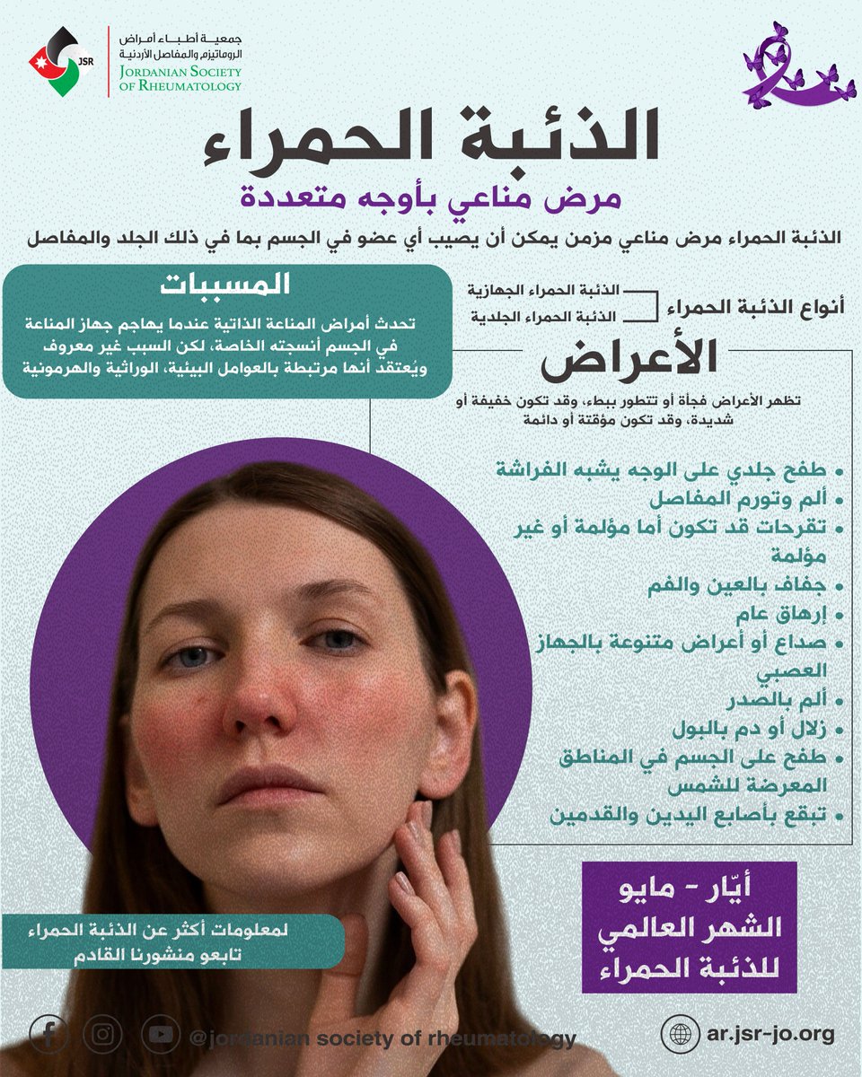 Jordanian Society of Rheumatology - JSR (@jsrheumatology) on Twitter photo 📌 مرض الذئبة الحمراء، هو مرض مناعي ذاتي مزمن يمكن أن يصيب أي جزء من الجسم بما في ذلك الجلد والمفاصل.
لقراءة المزيد اضغط على الرابط التالي:
tinyurl.com/jc4nz92y
#مرضى_الروماتيزم #الروماتيزم #جمعية_أطباء_الروماتيزم_الأردنية
#الذئبة_الحمراء #أمراض_المناعة_الذاتية 📌 مرض الذئبة الحمراء، هو مرض مناعي ذاتي مزمن يمكن أن يصيب أي جزء من الجسم بما في ذلك الجلد والمفاصل.
لقراءة المزيد اضغط على الرابط التالي:
tinyurl.com/jc4nz92y
#مرضى_الروماتيزم #الروماتيزم #جمعية_أطباء_الروماتيزم_الأردنية
#الذئبة_الحمراء #أمراض_المناعة_الذاتية