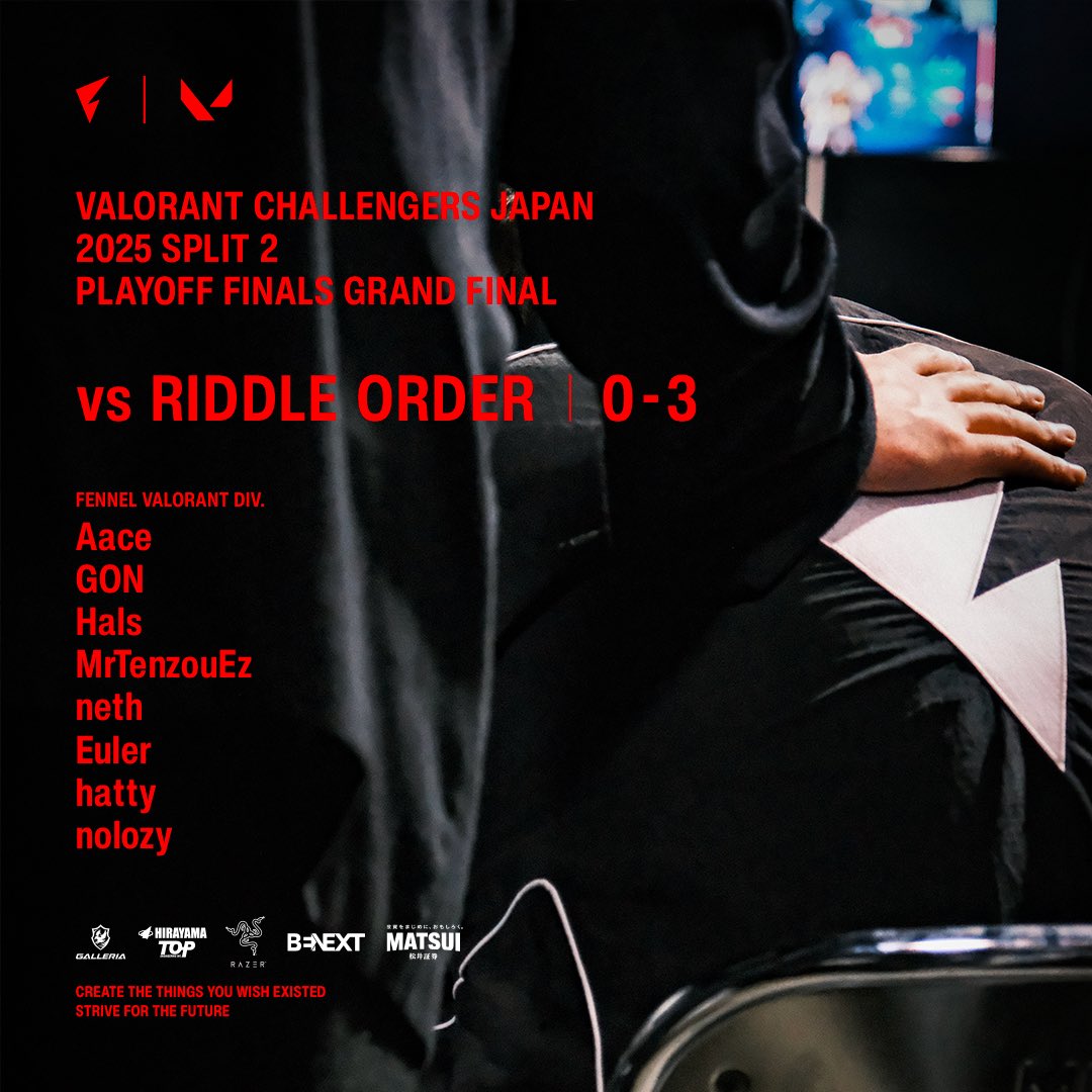 FENNEL_official's tweet photo. VALORANT Challengers Japan 2025
Split 2 Playoff Finals

Grand Final｜BO5
vs RIDDLE ORDER
0-3 DEFEAT

Thank you for all your cheering.
GGWP. Step by step.

#FLWIN #ChallengersJP https://t.co/9k78MZwkZ5