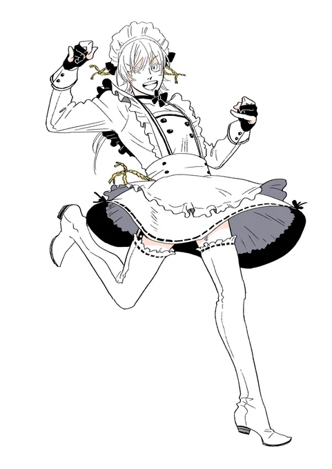 昔描いたメイド服着たおにまるさんのらくがきが出てきたので、でんたさんとオーーーカネヒラとつるさんにも着てもらった多分顔見えないのでクリックして見てあげてください 