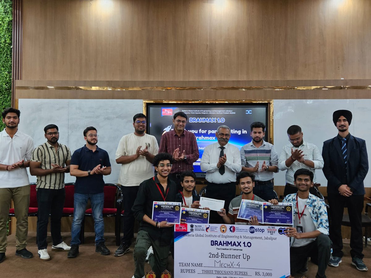 its_punit05's tweet image. Proud to share that Team MechX secured 2nd Runner-Up at #BRAHMAX1_0 — a national hackathon by BGIEM, Jabalpur!
24+ hrs of building, learning &amp;amp; grinding with an amazing team: @RounakSoni4U, @officiali_mannu ,@VedantSanodiya
Big win, bigger lessons!
#Hackathon #MechX4 
@codecrax_